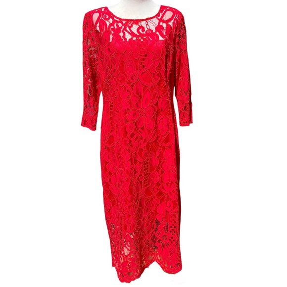 Antonio Melani Lace Midi Dress Womens 14 Red Floral Half Sleeve - Picture 3 of 12